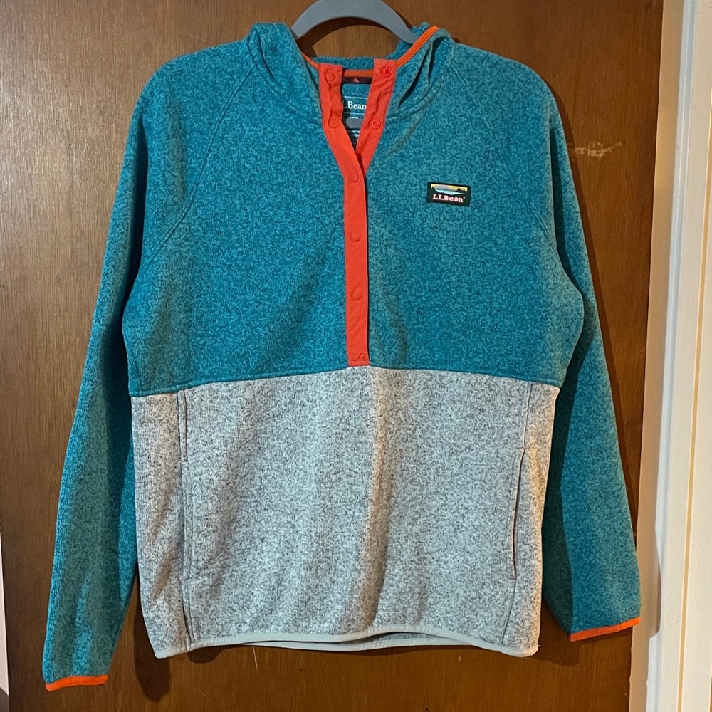 L.L. Bean Teal and Gray quarter snap hooded fleece